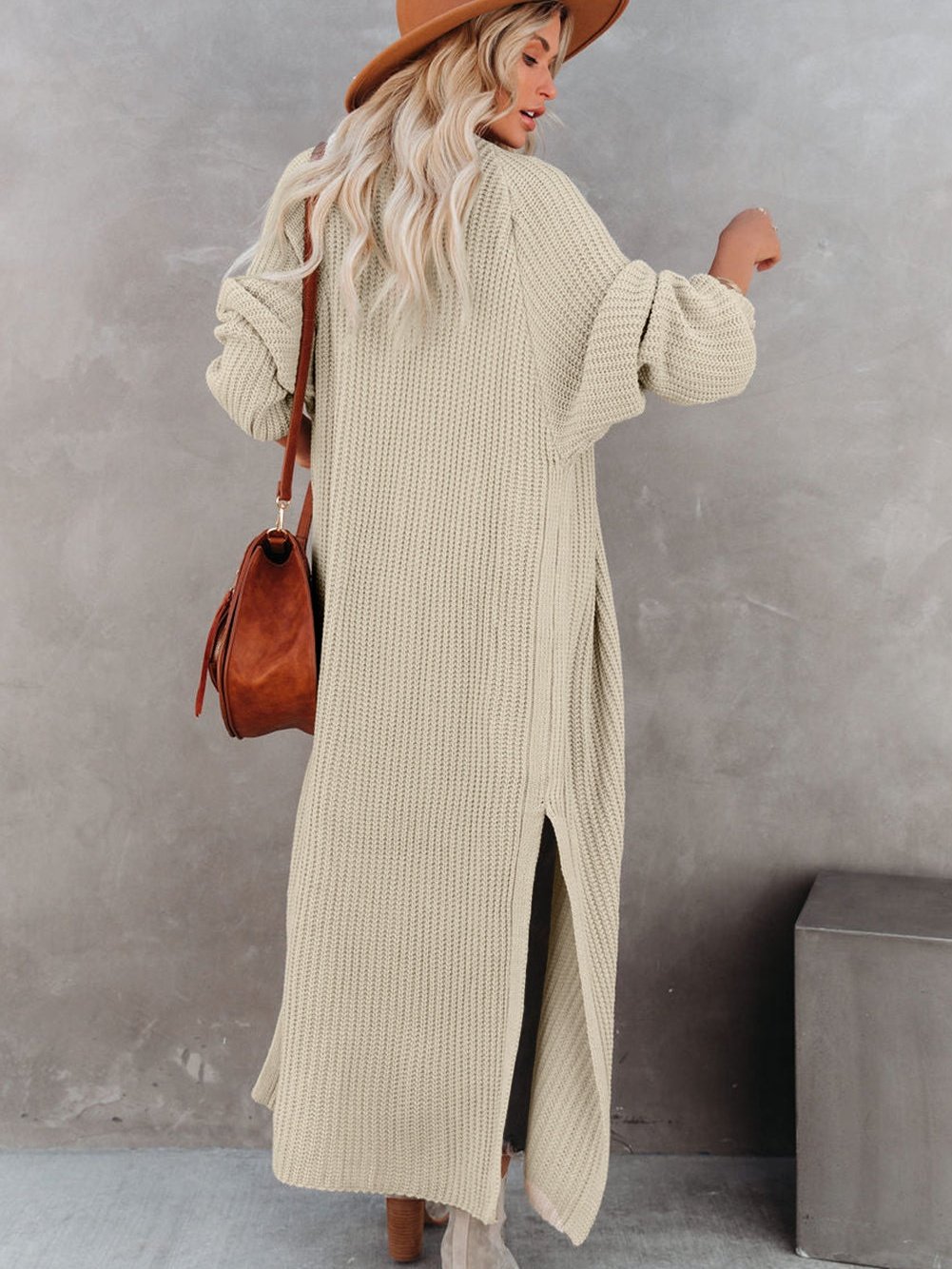Solid Pocket Slit Long Sweater Cardigan