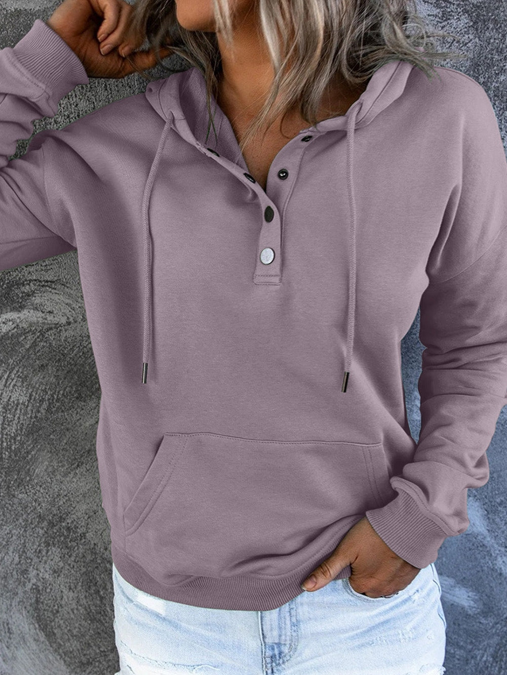 Drawstring V-Neck Hoodie with Front Pocket