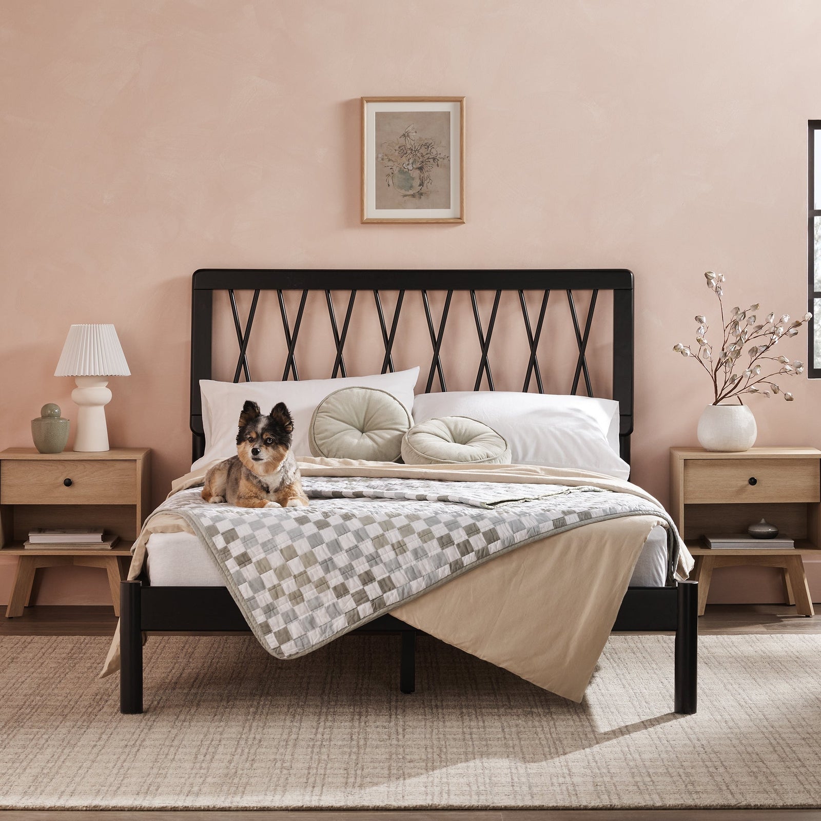 Cama de madera maciza moderna de mediados de siglo Cama X Spindle