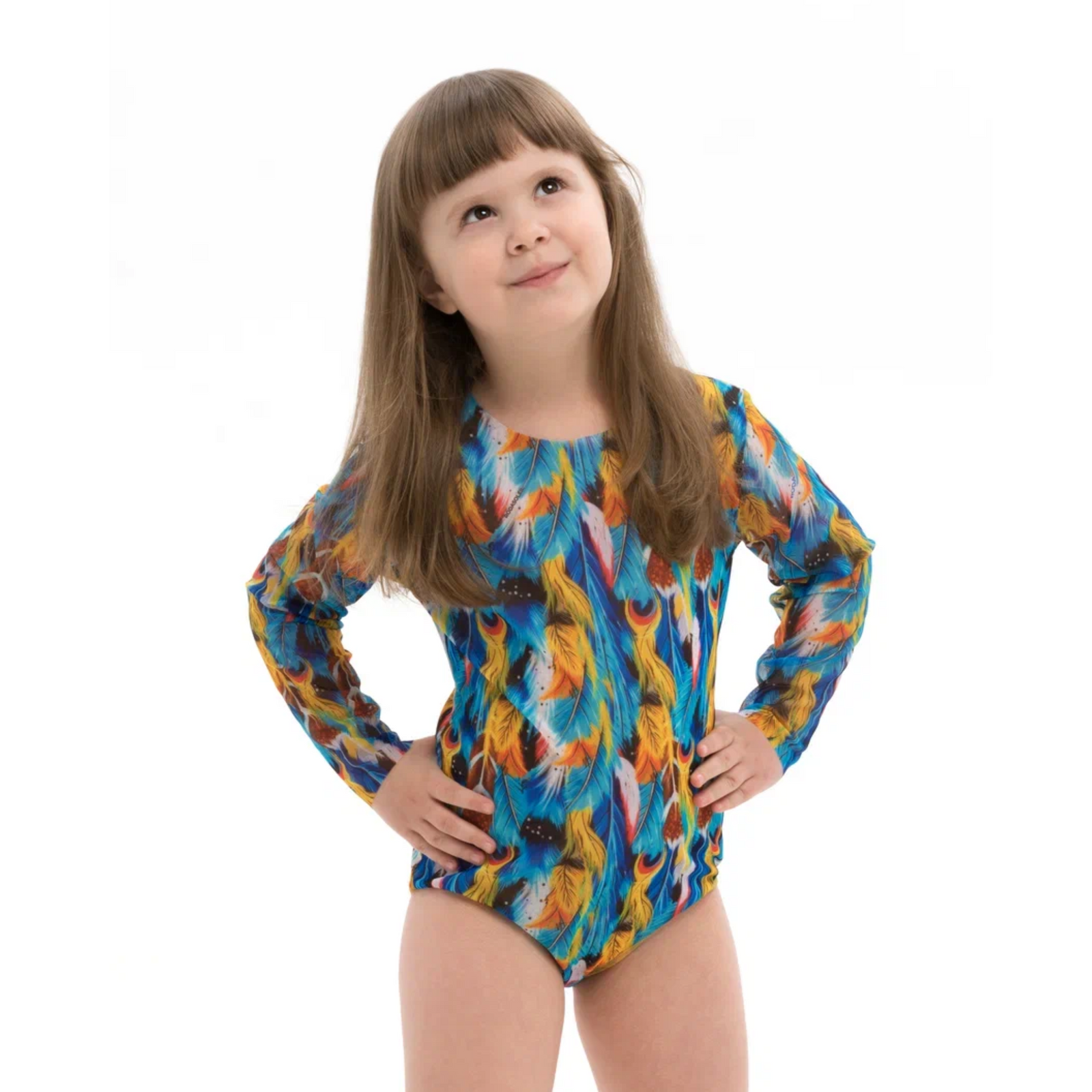 Kid's girl's One-piece swimsuit with sleeves Feathers