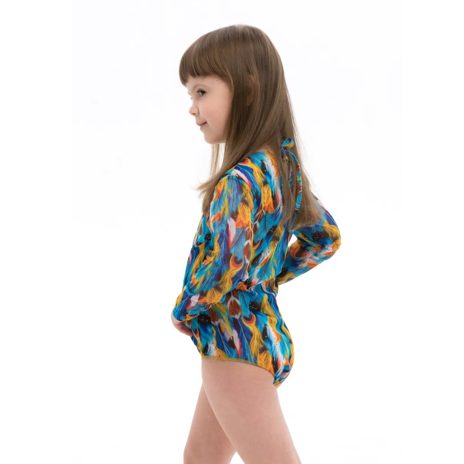 Kid's girl's One-piece swimsuit with sleeves Feathers