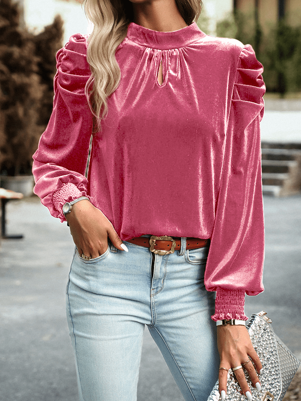 Velvet Blouse with Bow Tie Back
