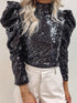 Mock Neck Sequin Top with Puff Sleeves