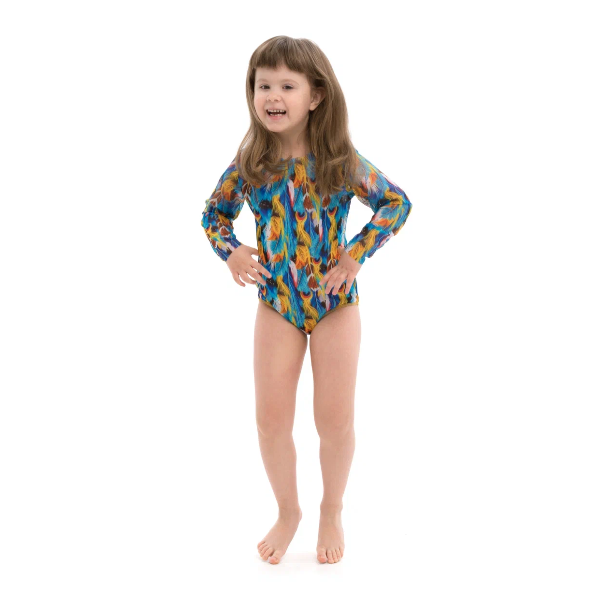 Kid's girl's One-piece swimsuit with sleeves Feathers
