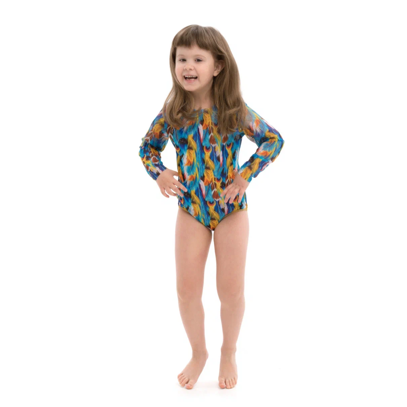 Kid's girl's One-piece swimsuit with sleeves Feathers