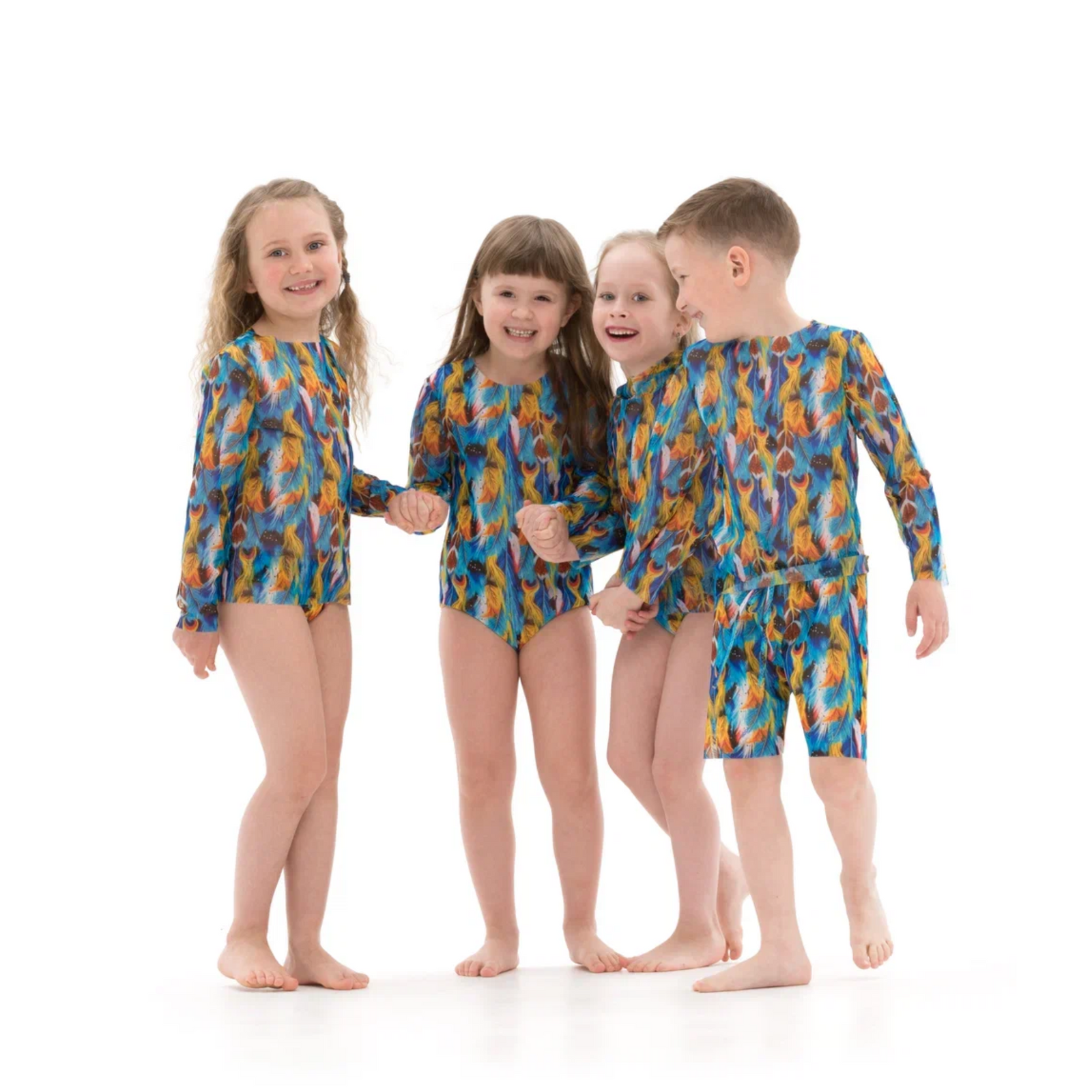 Kid's girl's One-piece swimsuit with sleeves Feathers