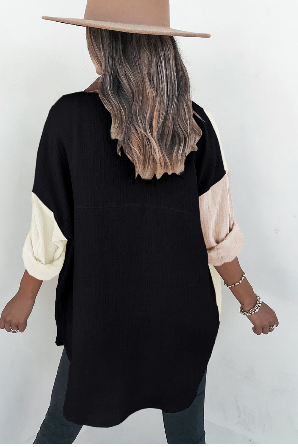 Long Sleeve Contrast Panel Blouse