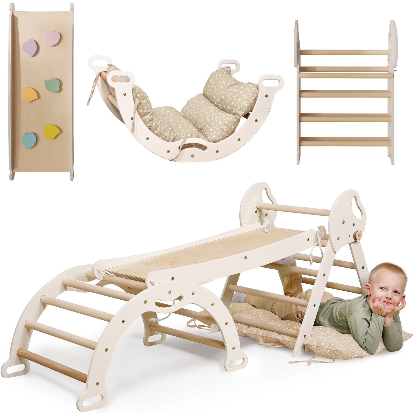 4 in 1 Montessori Climbing Set: Pikler Triangle, Arch, Slide Board, and Cushion for Toddlers (1–3 Years)