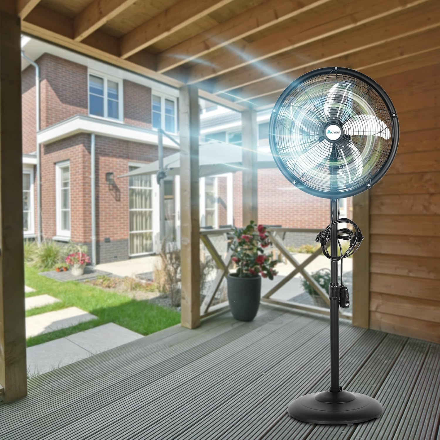 ACHAZEL 18" Outdoor Misting Pedestal Fan: 3-Speed, Adjustable Height, 120° Oscillation, Waterproof & UL Listed