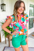 Green Floral Tie Split Neck Ruffle Trim Blouse