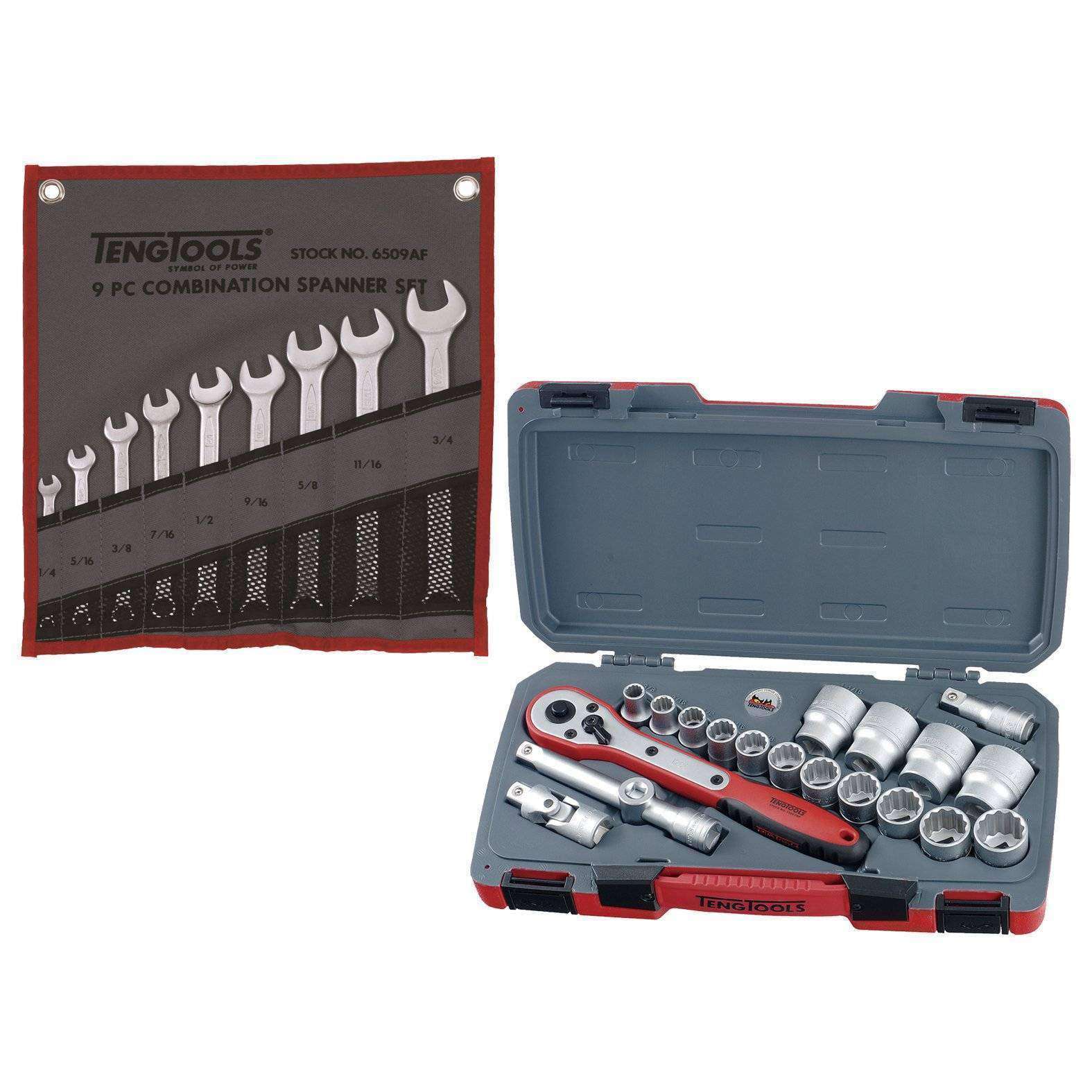 Teng Tools 29 Piece 1/2 Inch Drive SAE Socket And SAE Combination Wrench Set - T1220AF