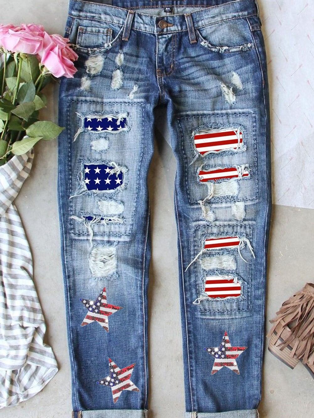 Ripped Jeans with Patriotic Patches