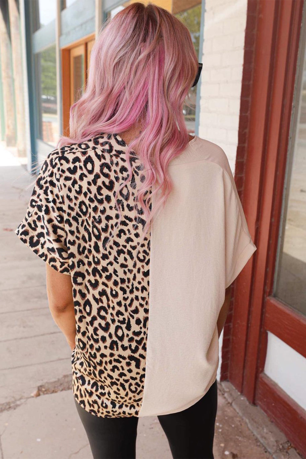 Leopard Print and Solid Color Blouse