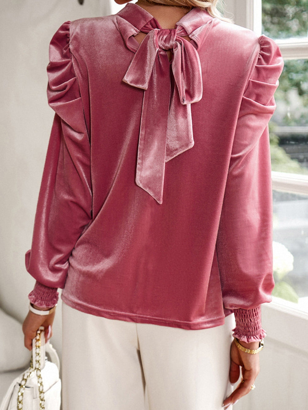 Velvet Blouse with Bow Tie Back