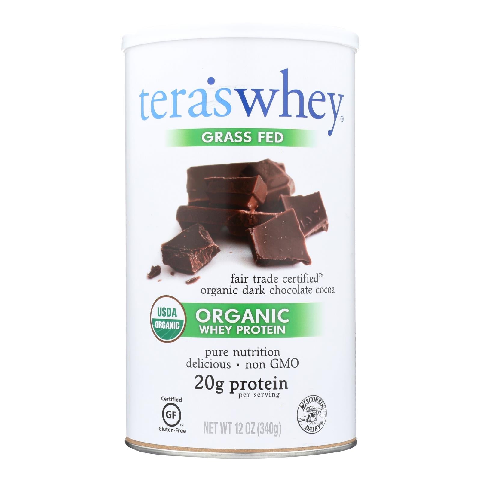 Proteína de suero de leche en polvo con cacao y chocolate negro con certificación de comercio justo orgánico Teras Whey, 12 oz.