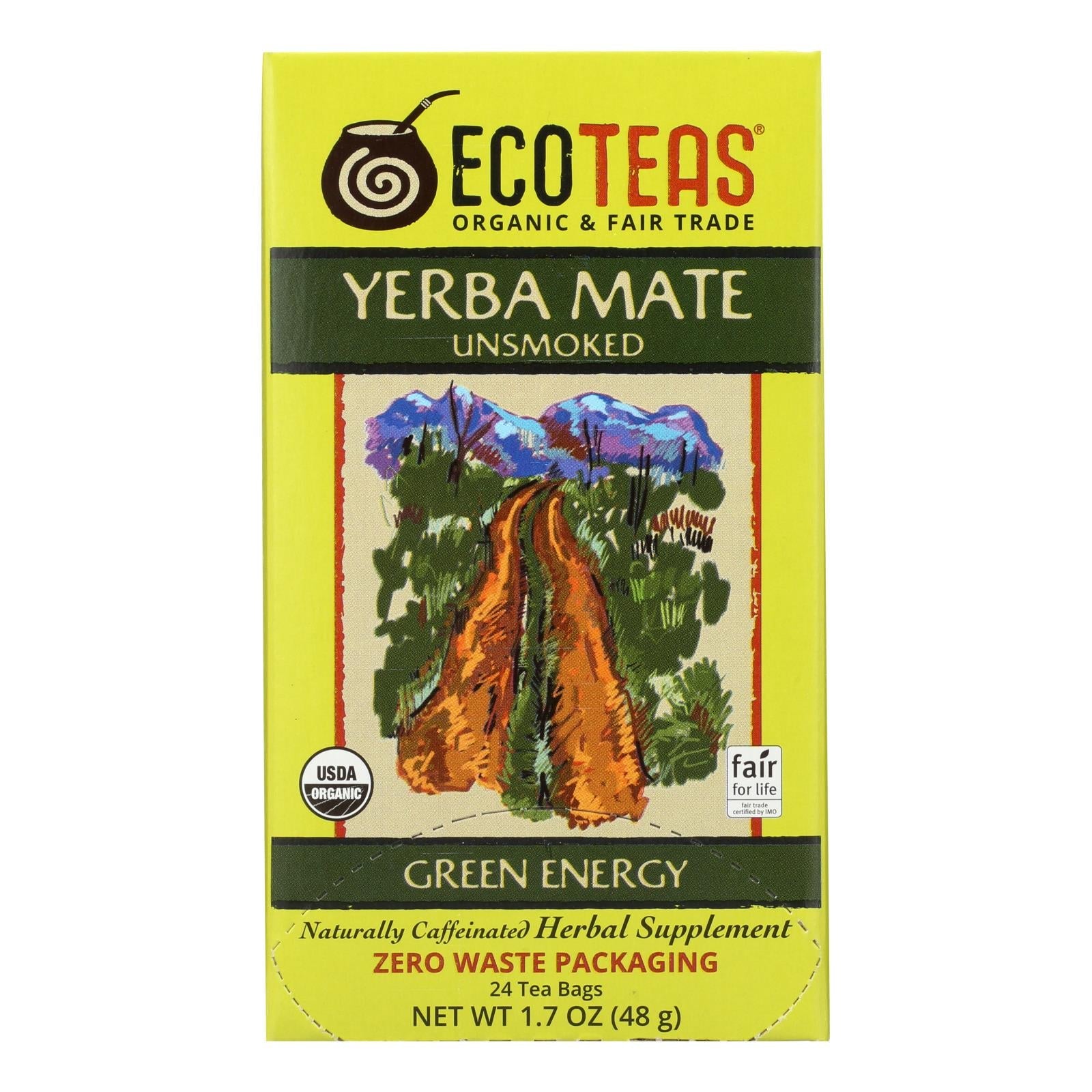 Yerba mate orgánica sin ahumar Ecoteas, bolsitas de té verde energético (paquete de 6, 24 bolsitas)