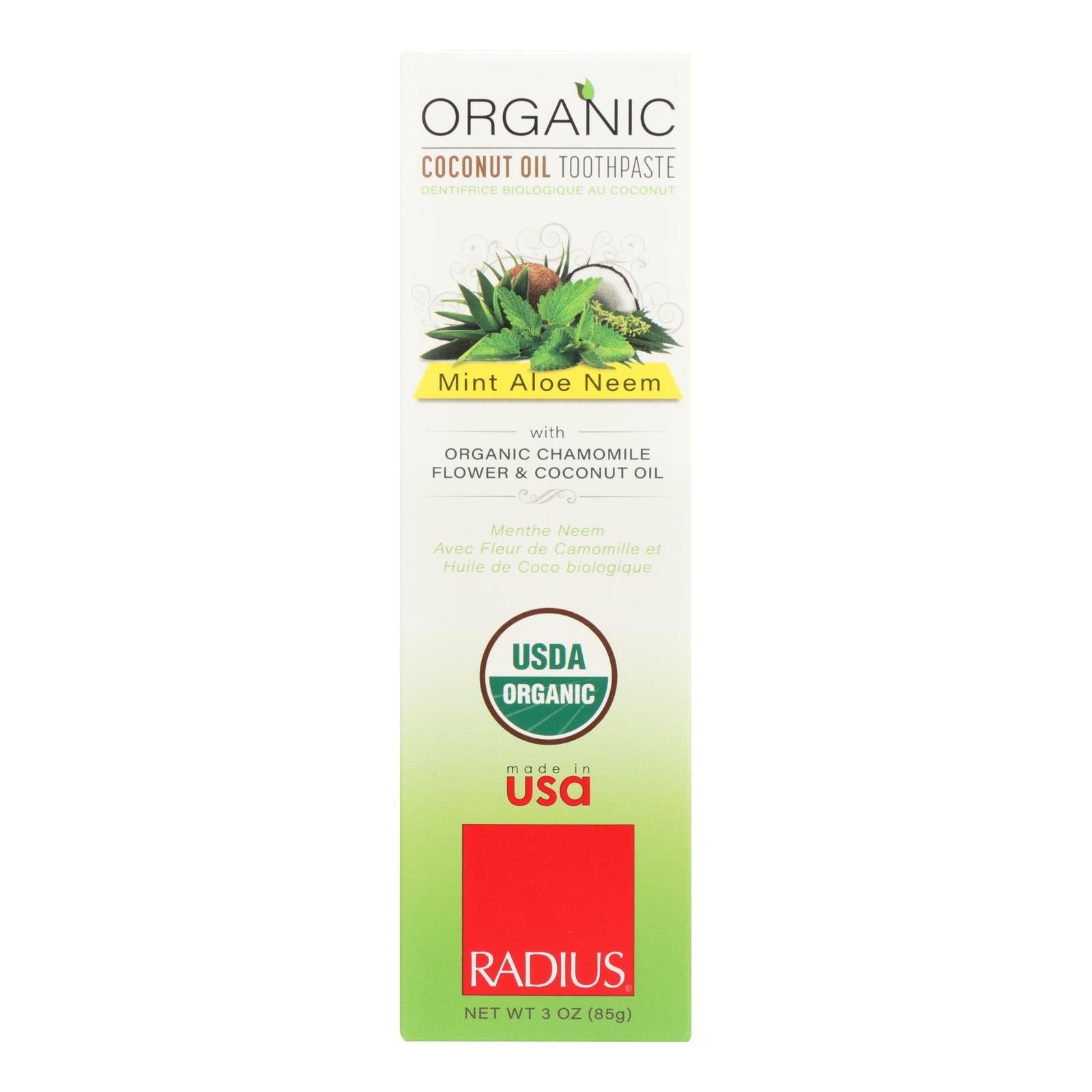 Pasta de dientes blanqueadora Radius con menta, aloe y neem, 3 oz. 