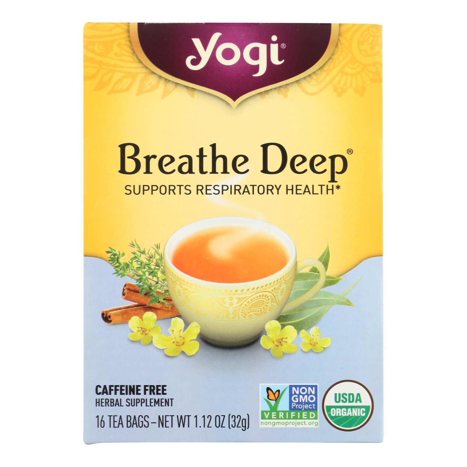 Té de hierbas Yogi Tea Breathe Deep, sin cafeína, paquete de 6 bolsitas de té
