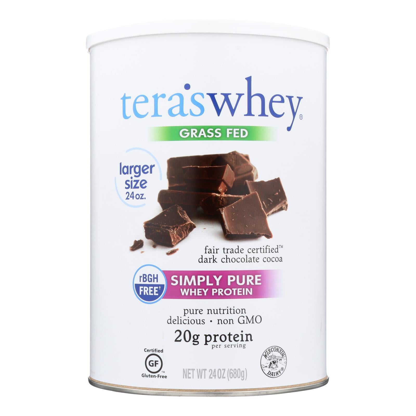 Proteína de suero de leche Tera's - 24 oz. Chocolate negro de comercio justo, sin RBGH