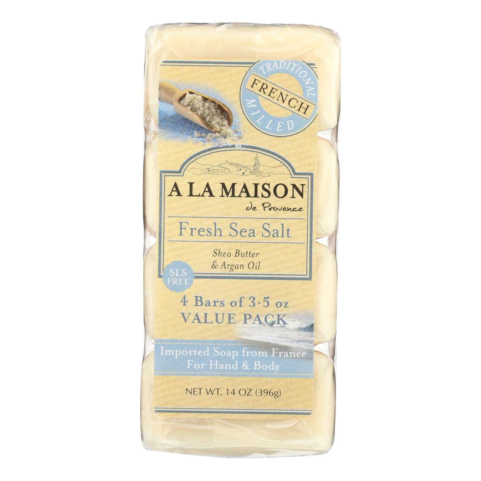 Jabón en barra molido francés A La Maison, paquete de 4, sal marina fresca, 3,5 oz.