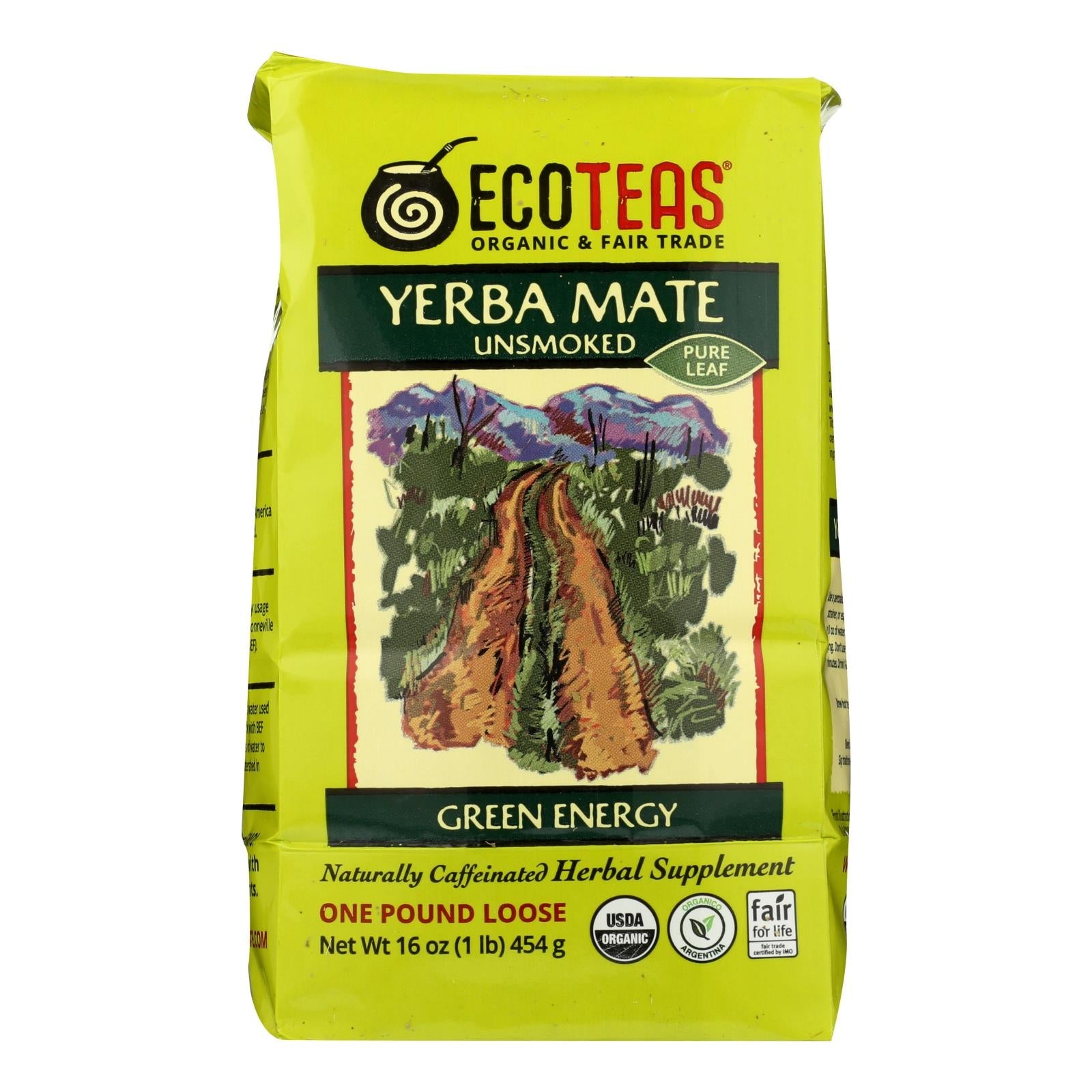 Yerba Mate Orgánica Ecoteas, Té Verde Suelto Energético Sin Ahumar (Paquete de 6 - 1 lb)