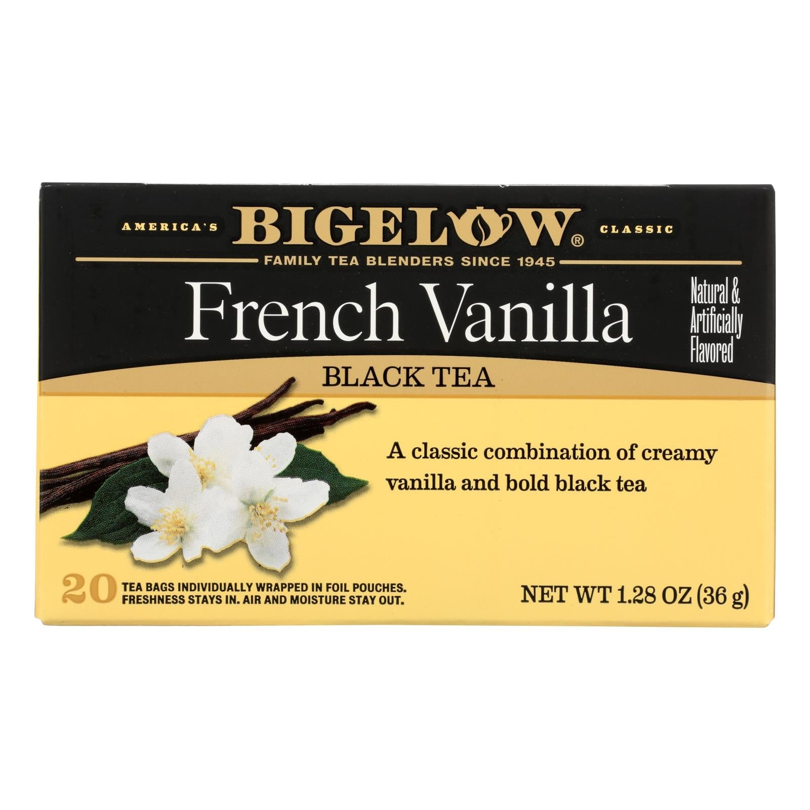 Té negro Bigelow de vainilla francesa, suave y sabroso, paquete de 6, 20 bolsitas de té cada una 