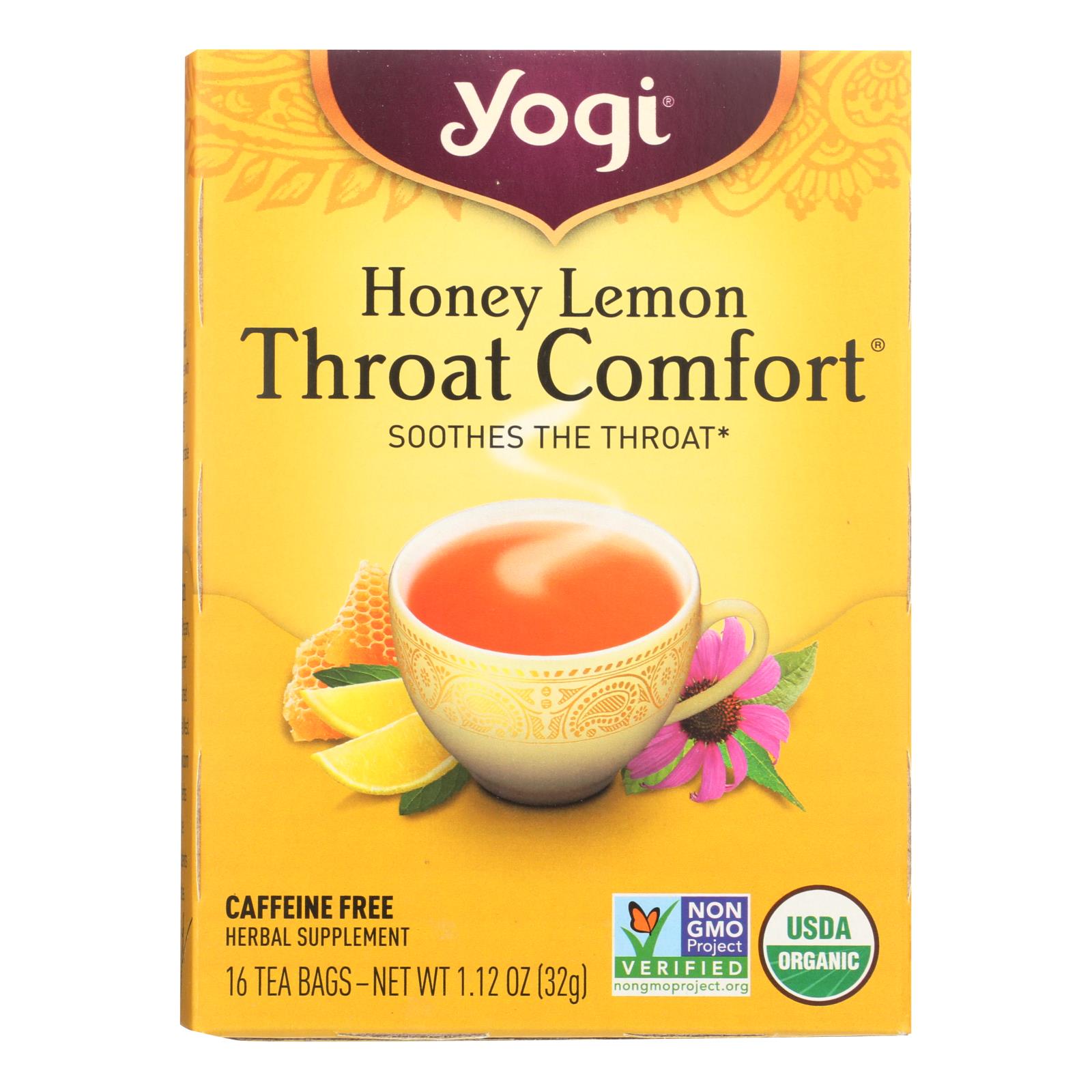 Té de hierbas Yogi Throat Comfort, miel y limón, sin cafeína - 16 bolsitas (paquete de 6)