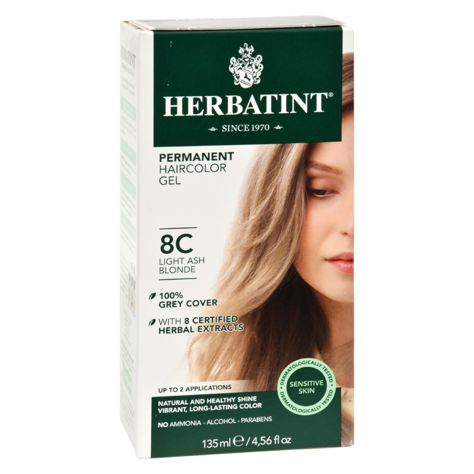 Tinte permanente en gel a base de hierbas Herbatint para un cabello sedoso y brillante en rubio ceniza claro 8C (135 ml)