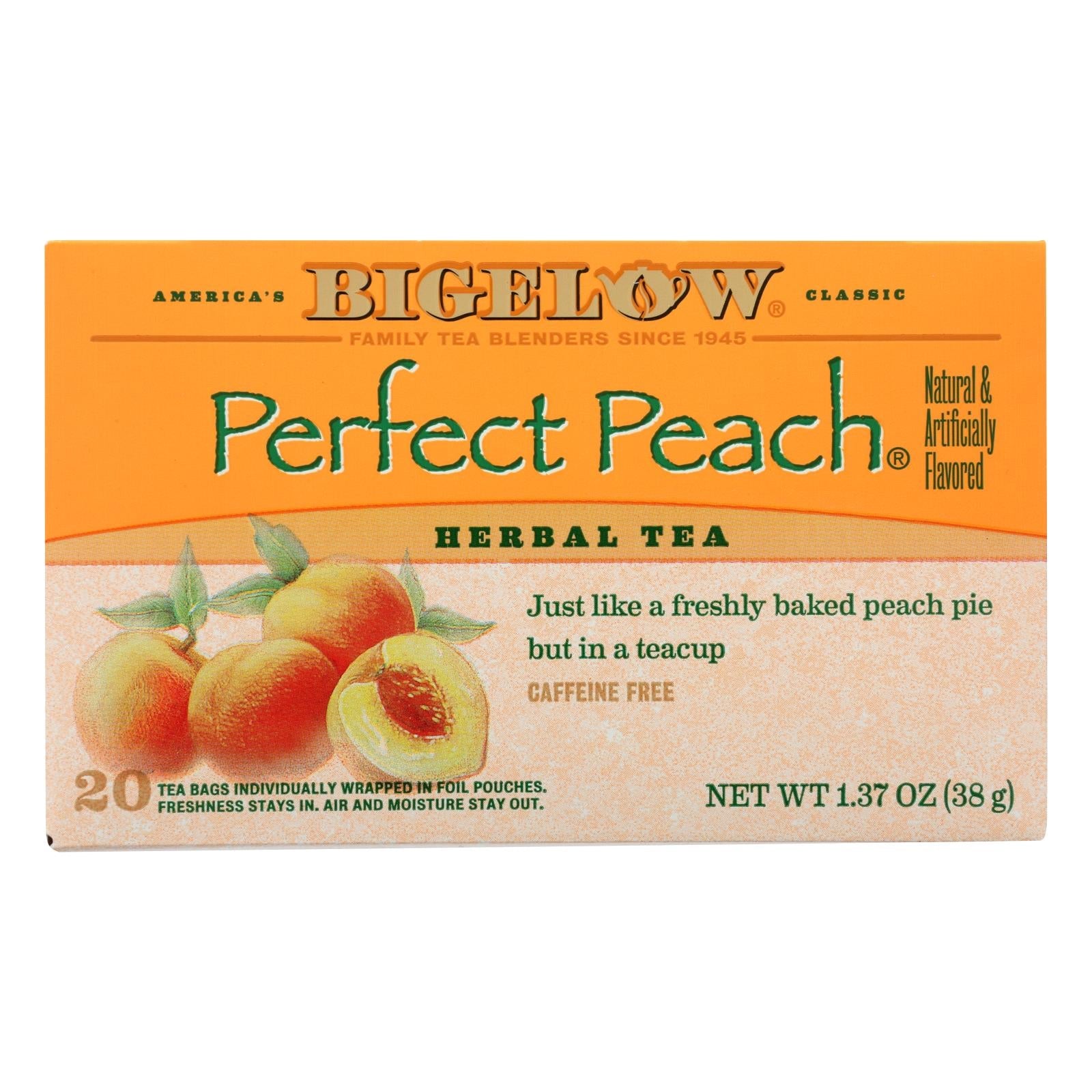 Té de hierbas Bigelow Tea de melocotón, sin cafeína, 20 bolsitas de té, paquete de 6