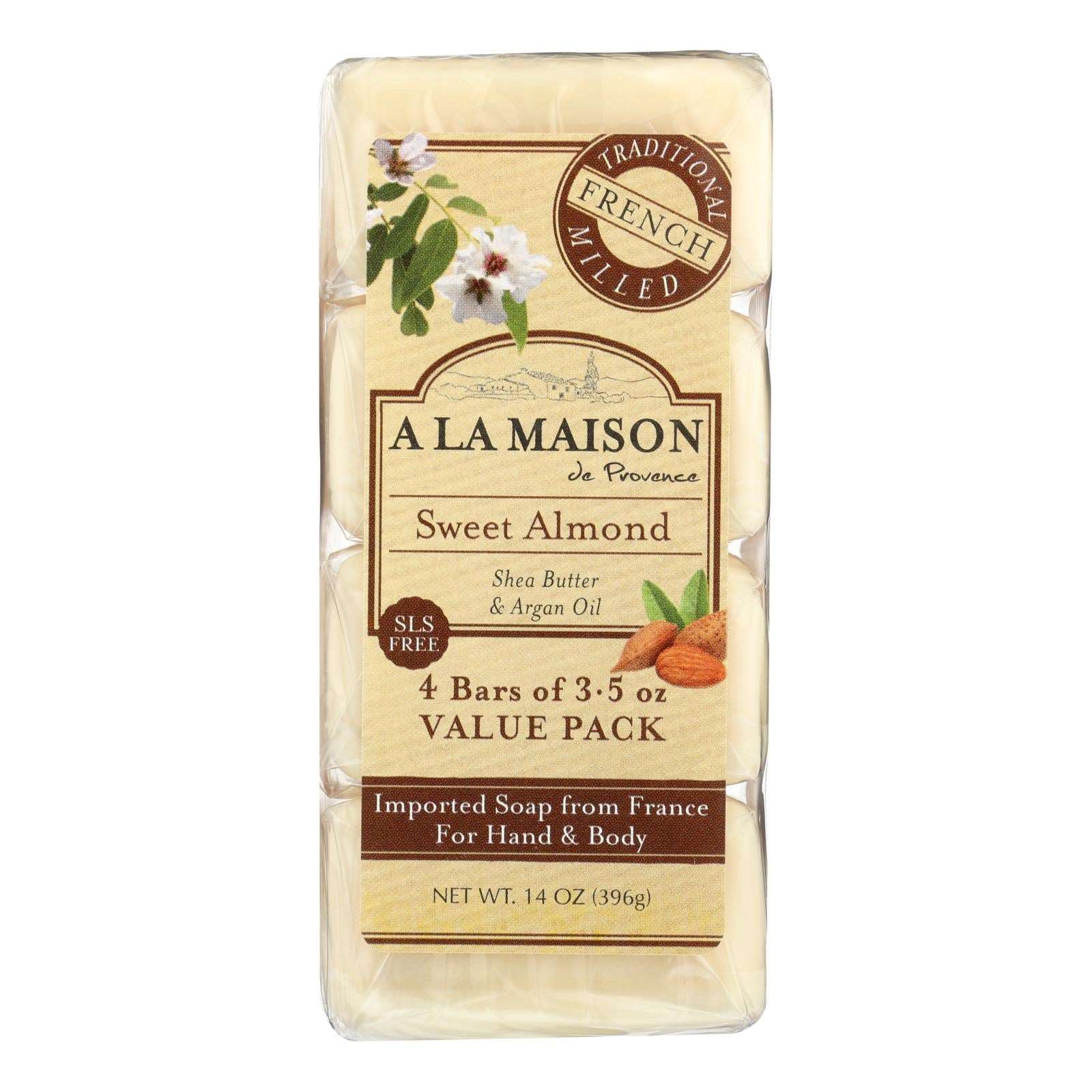 Jabón nutritivo en barra de almendras dulces A La Maison (paquete de 4/3,5 oz)