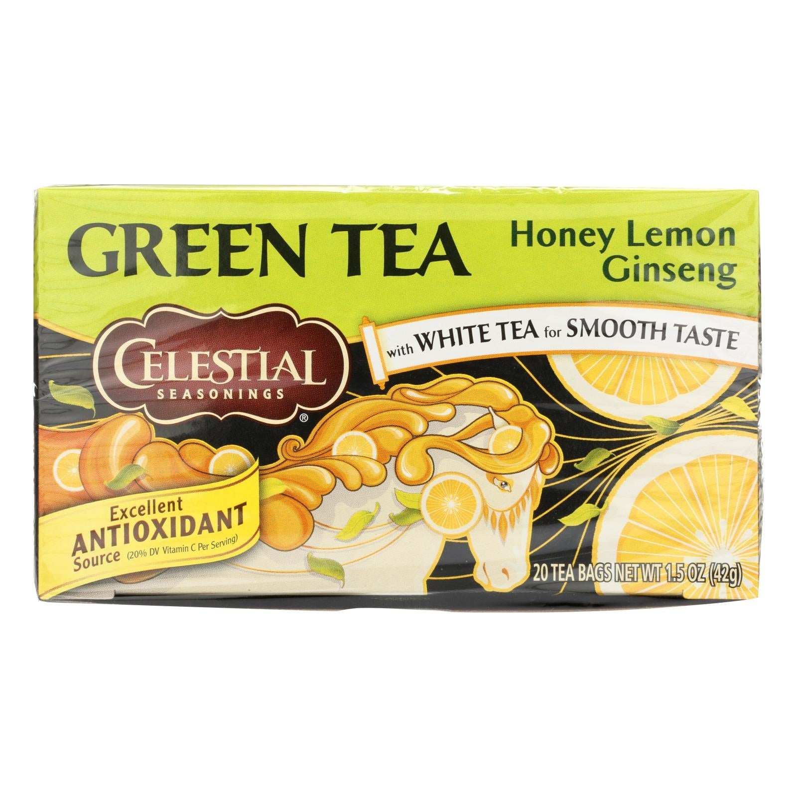 Té verde con miel, limón y ginseng con té blanco Celestial Seasonings (20 bolsitas de té, paquete de 6)