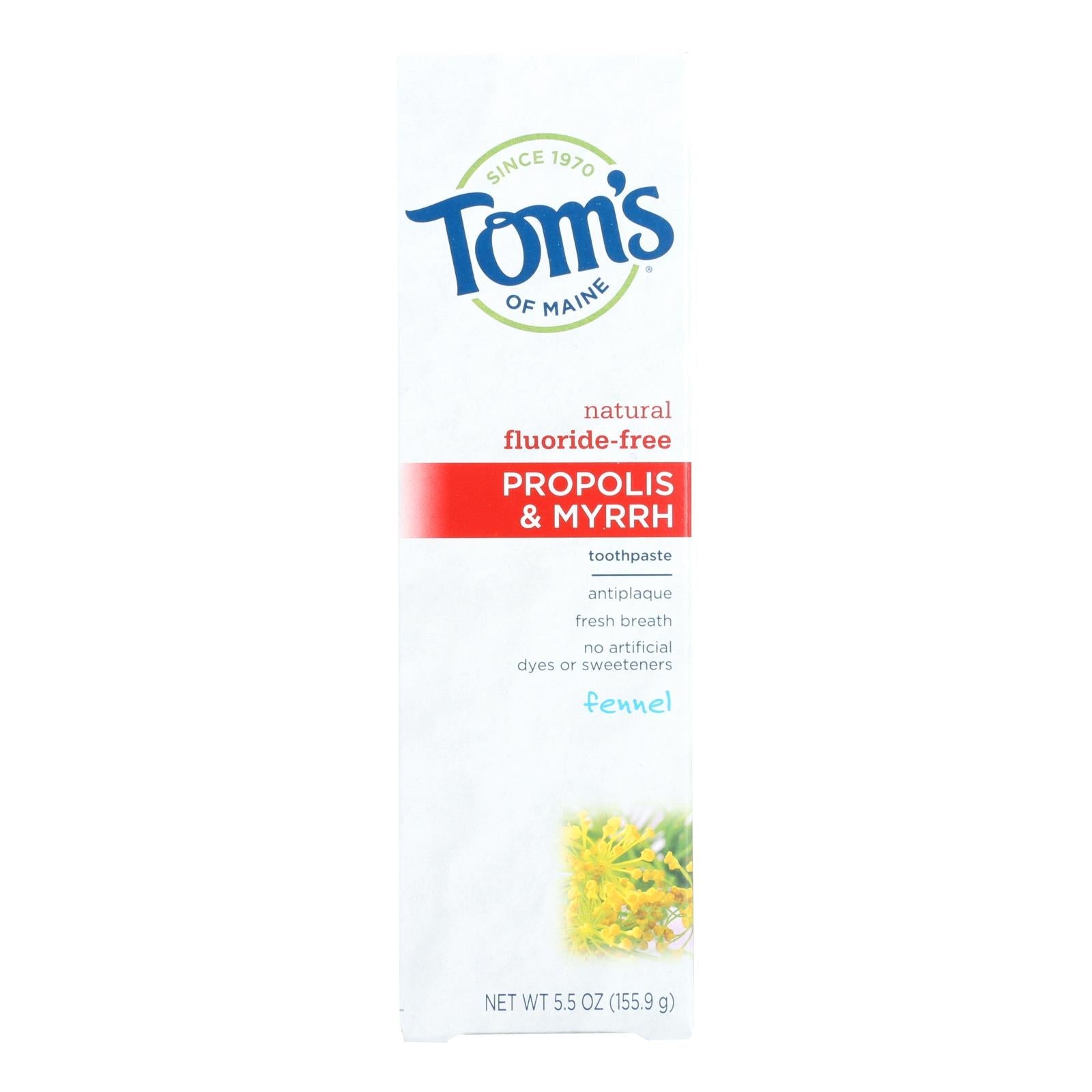 Pasta dental Tom's of Maine con propóleo y mirra, sabor hinojo, sin flúor, totalmente natural, 5.5 oz (paquete de 6)