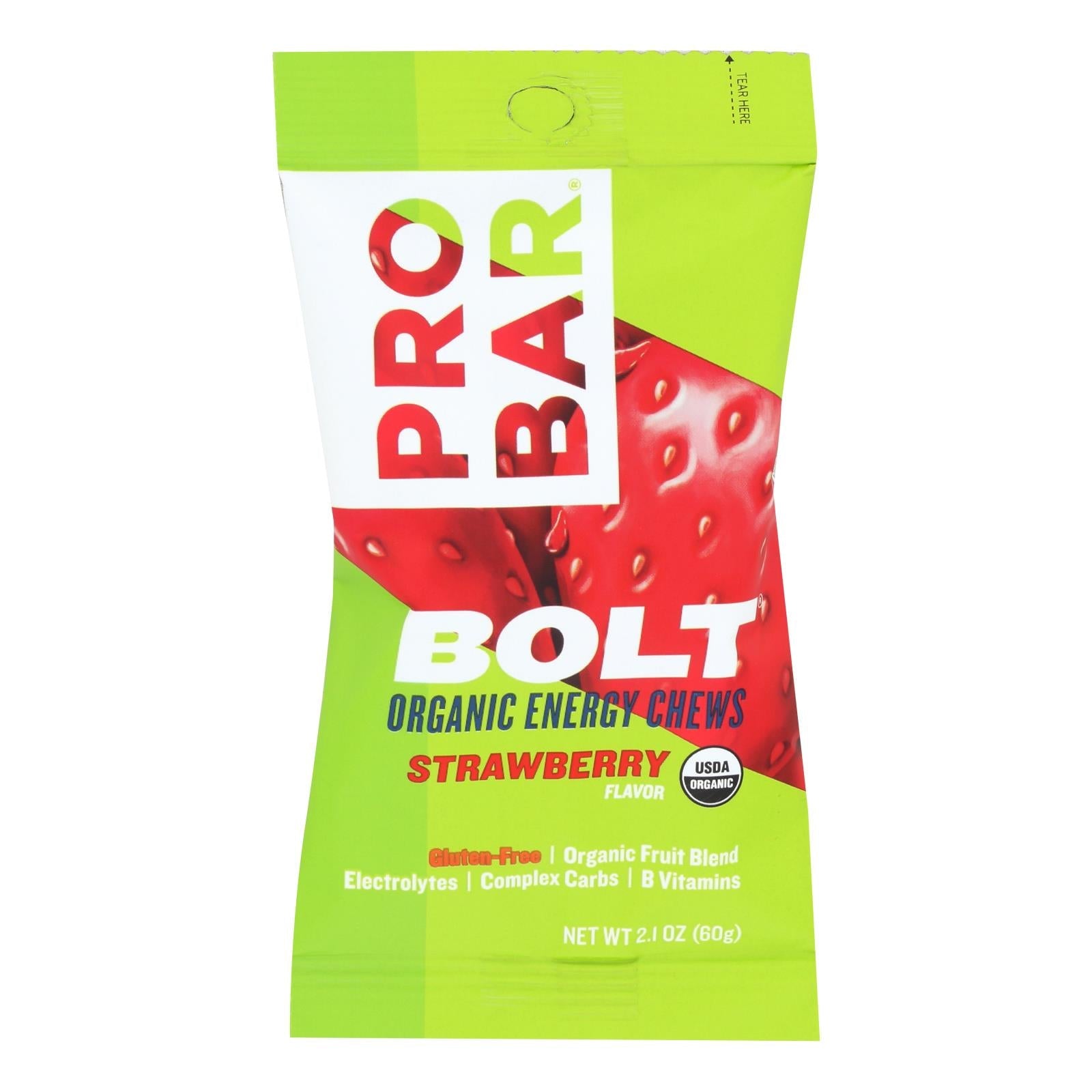 Masticables energéticos Pro Bar Bolt sabor fresa (paquete de 12 - 2.1 oz)
