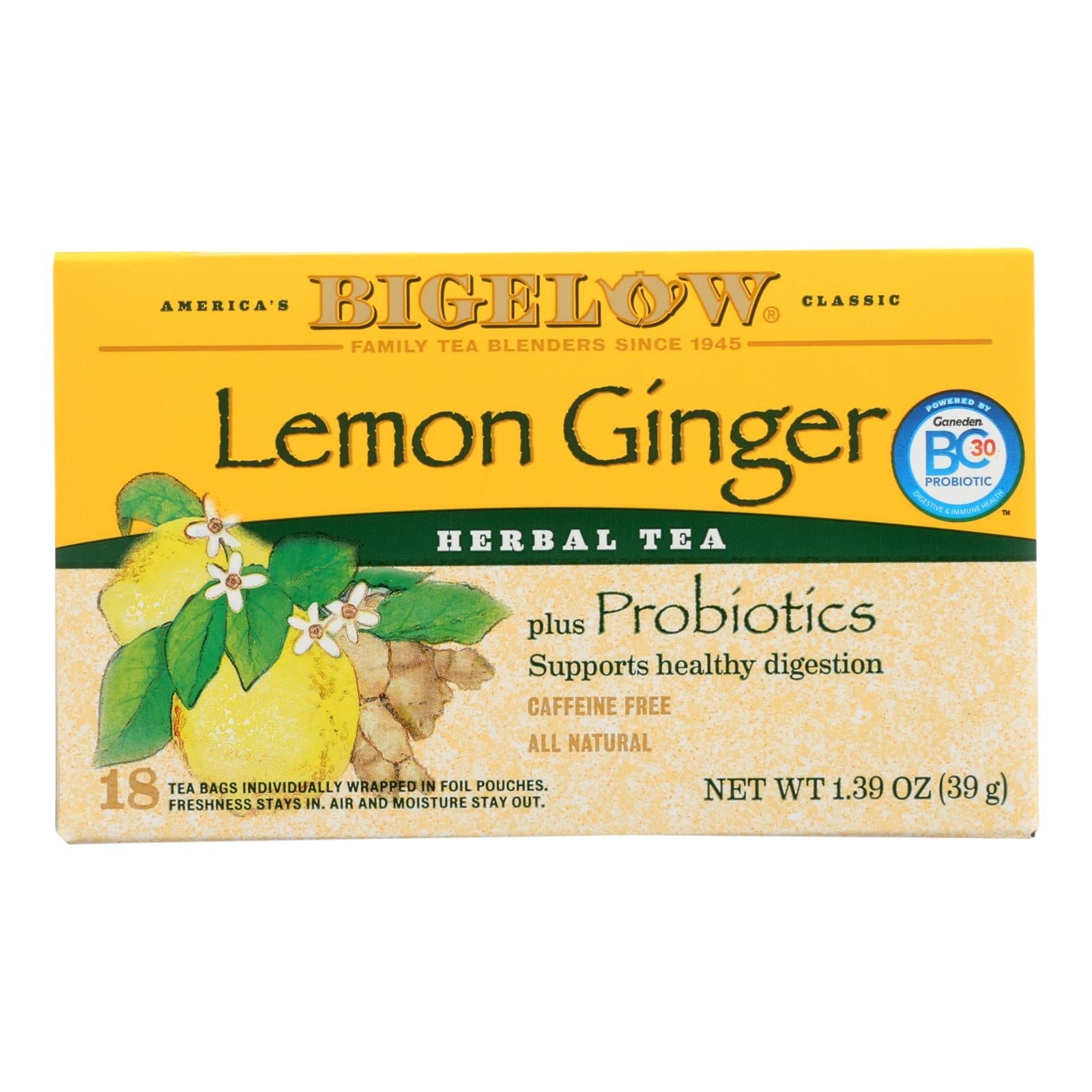 Té de hierbas Bigelow Lemon & Ginger Plus, 18 bolsitas de té, paquete de 6