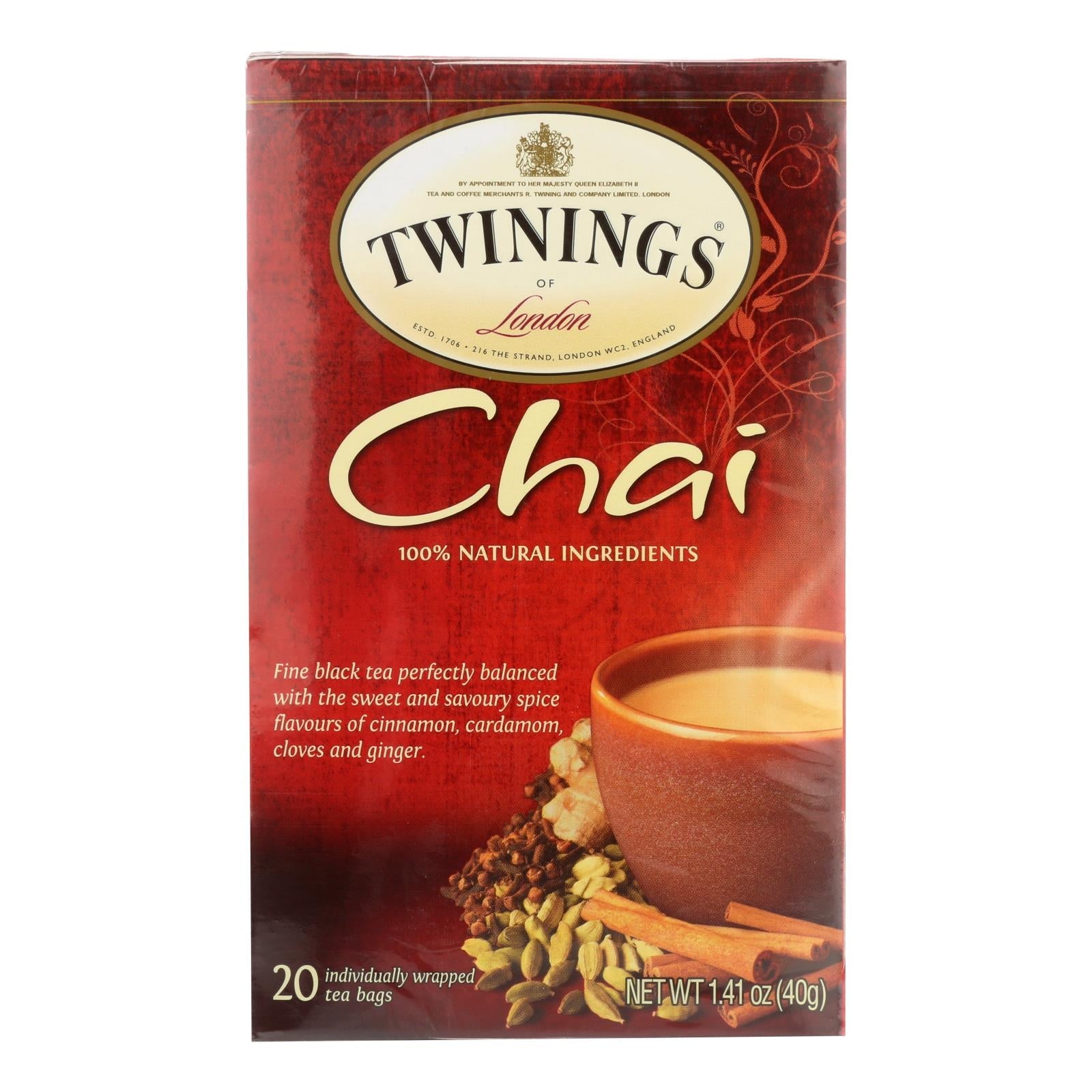 Té negro Chai Clásico Twinings, 20 bolsitas/caja (paquete de 6)