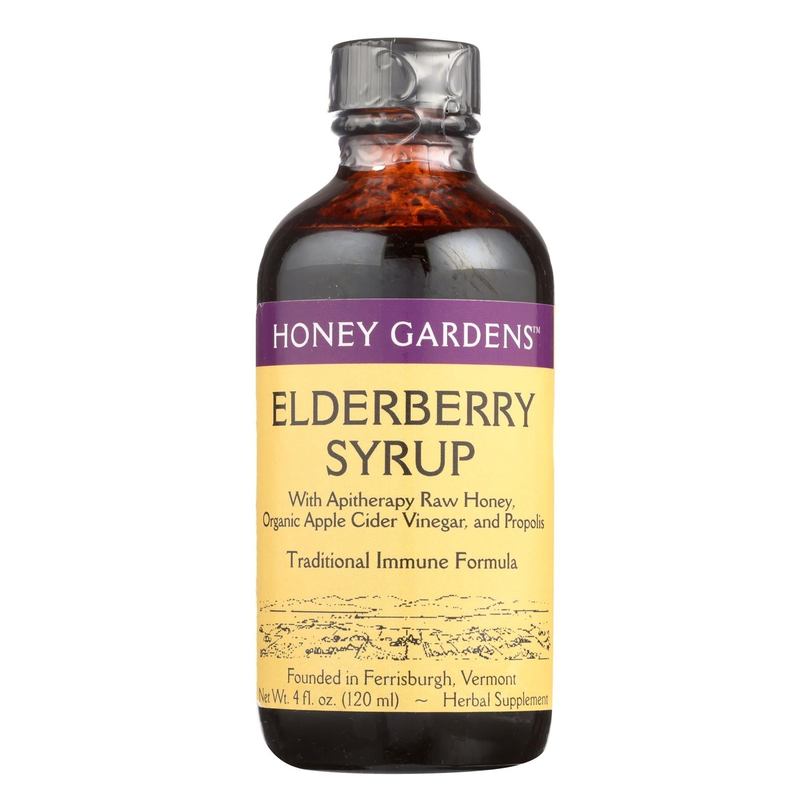 Jarabe de saúco Honey Gardens Apiaries - Ayuda para la tos con miel cruda, propóleo y bayas de saúco - 113 ml