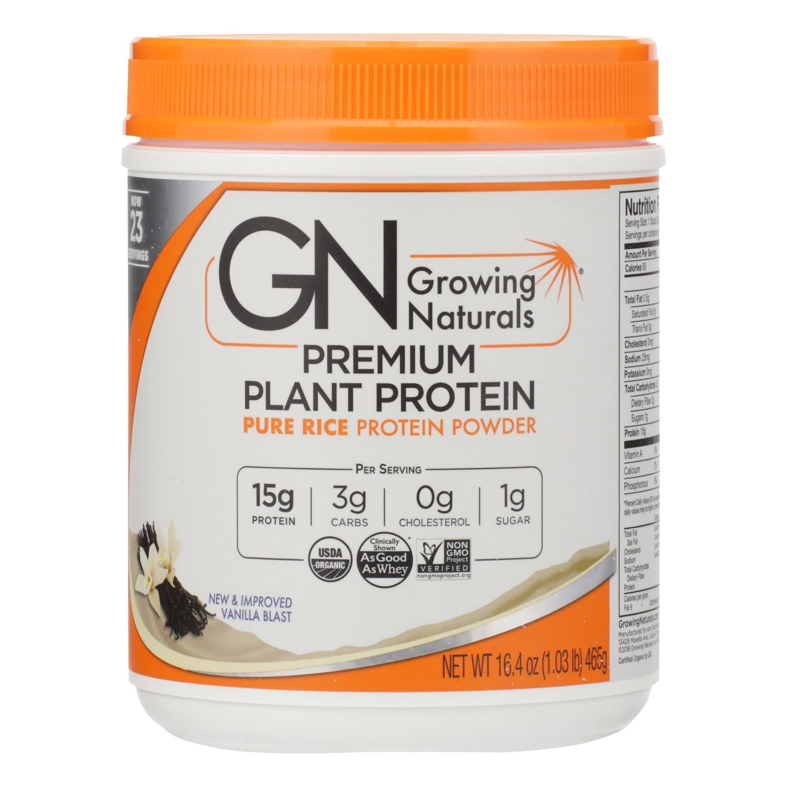 Proteína de arroz crudo orgánico Growing Naturals - Vainilla - 16.4 oz 