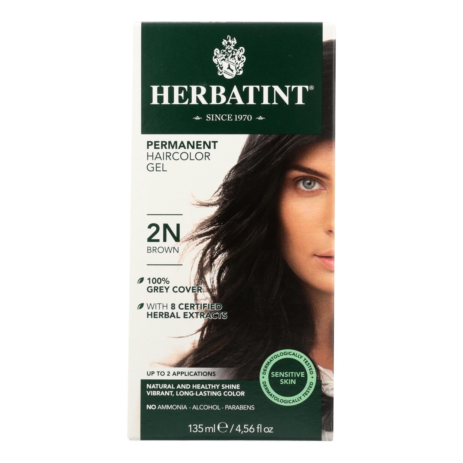 Gel colorante permanente para el cabello a base de hierbas Herbatint: Marrón 2N, 135 ml