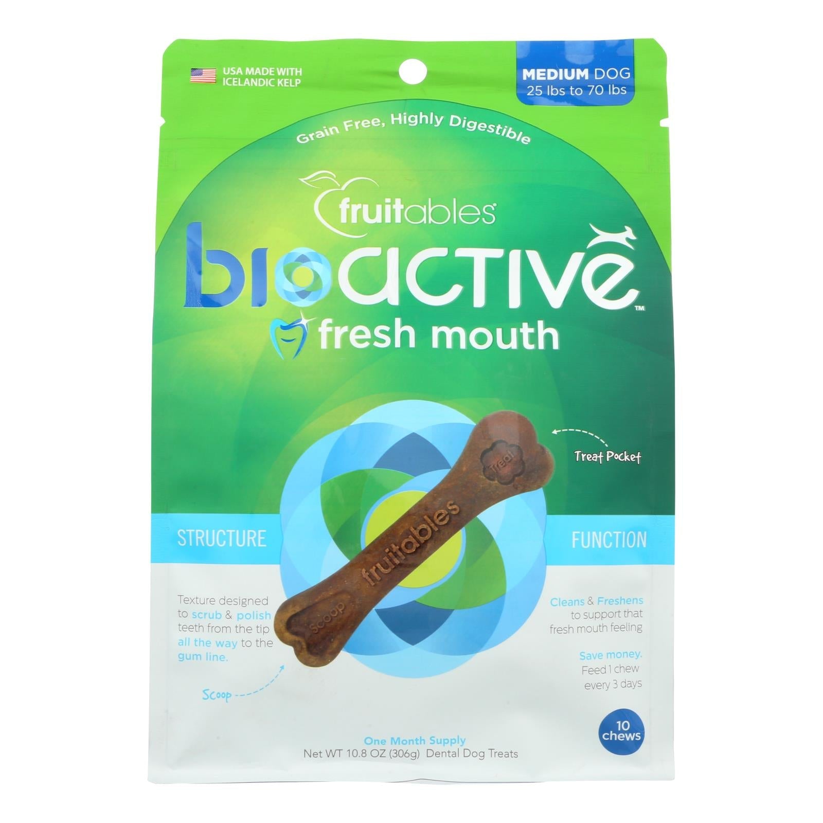 Golosinas dentales bioactivas para perros Fruitables Fresh Mouth (paquete de 8 de 10,8 oz) 