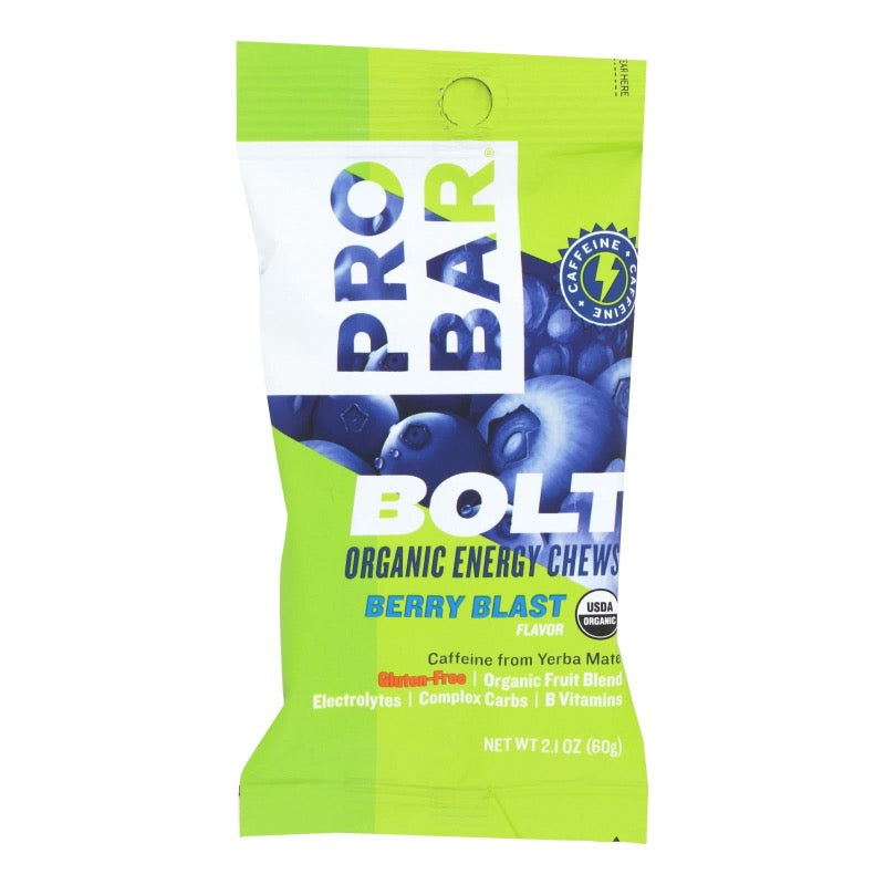Masticables energéticos Pro Bar Bolt - Explosión de frutos rojos orgánicos - 2.1 oz - Caja de 12