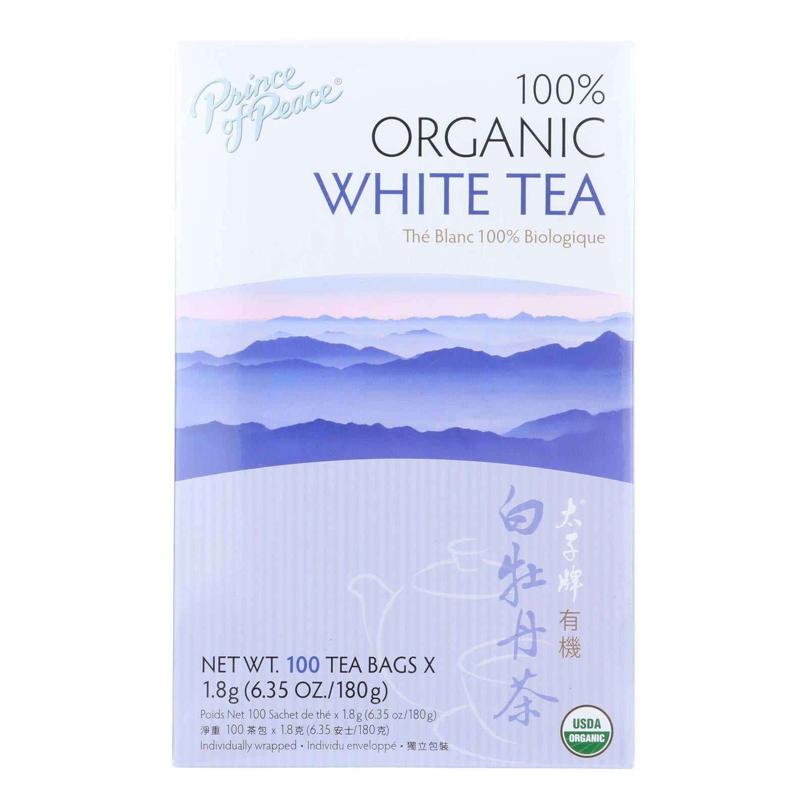 Té blanco de peonía orgánico premium Prince Of Peace, paquete de 100