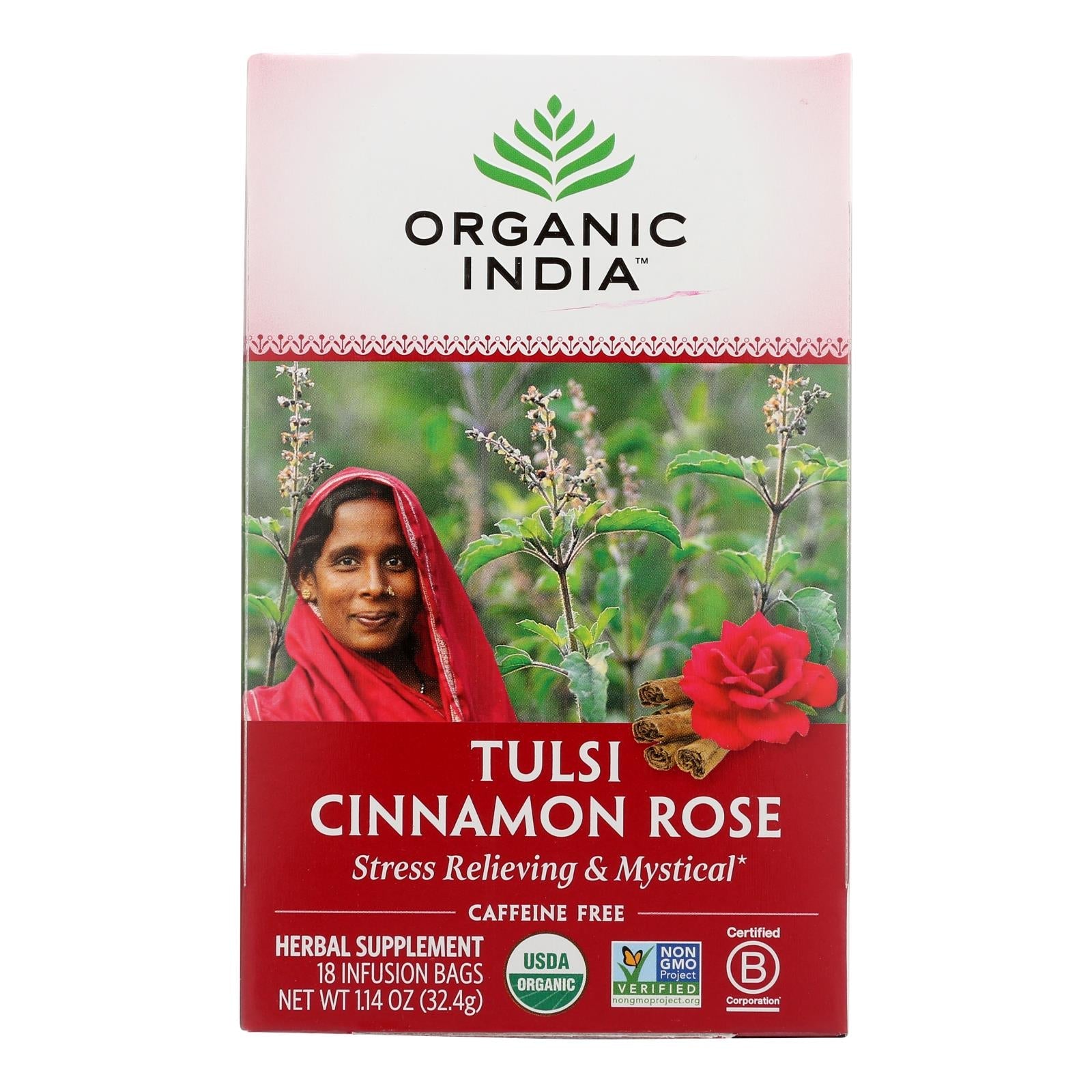Té de tulsi orgánico de la India, sabor a canela y rosa, 18 bolsitas (paquete de 6)