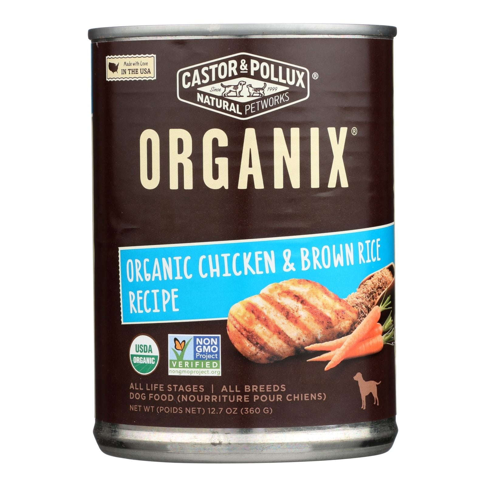 Alimento orgánico para perros Castor &amp; Pollux - Pollo y arroz integral, 355 g