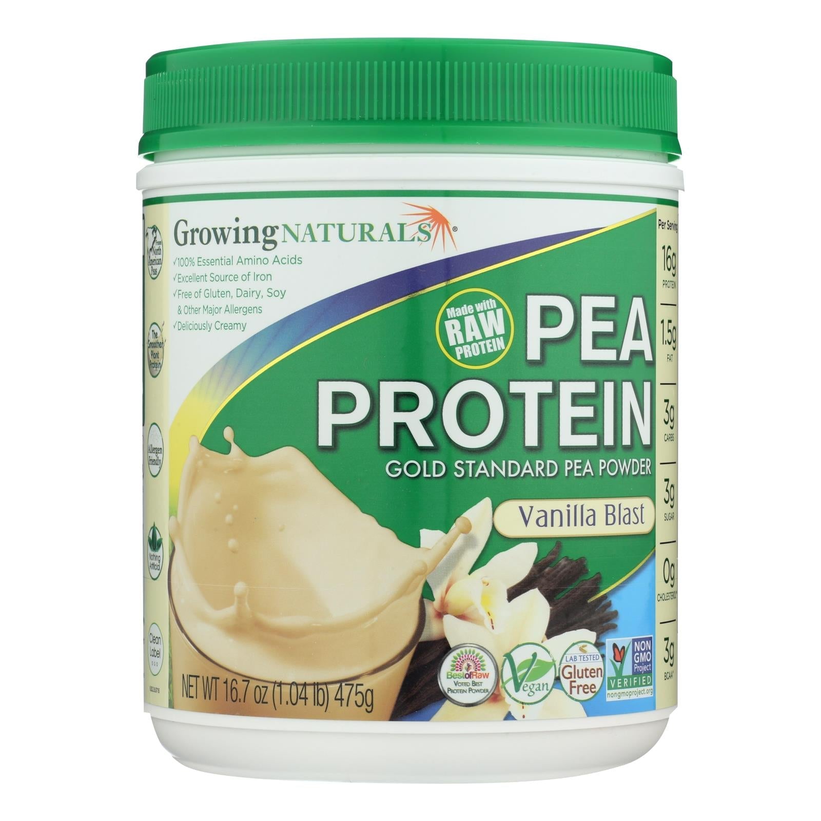 Proteína de guisante amarillo Vanilla Blast de Growing Naturals - 16 oz.