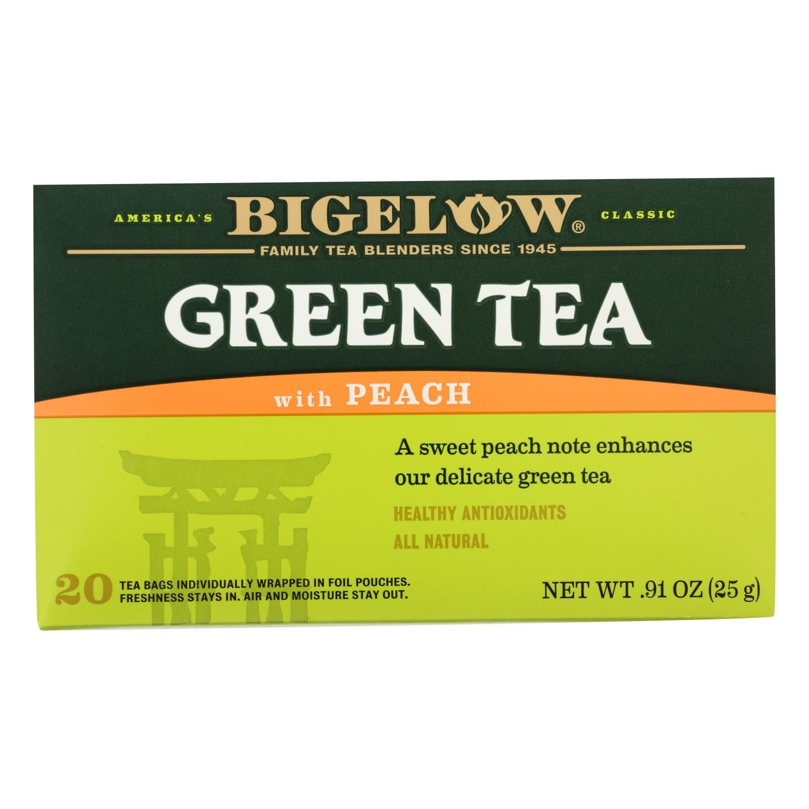 Té verde Bigelow con sabor a melocotón, 20 bolsitas de té envueltas individualmente