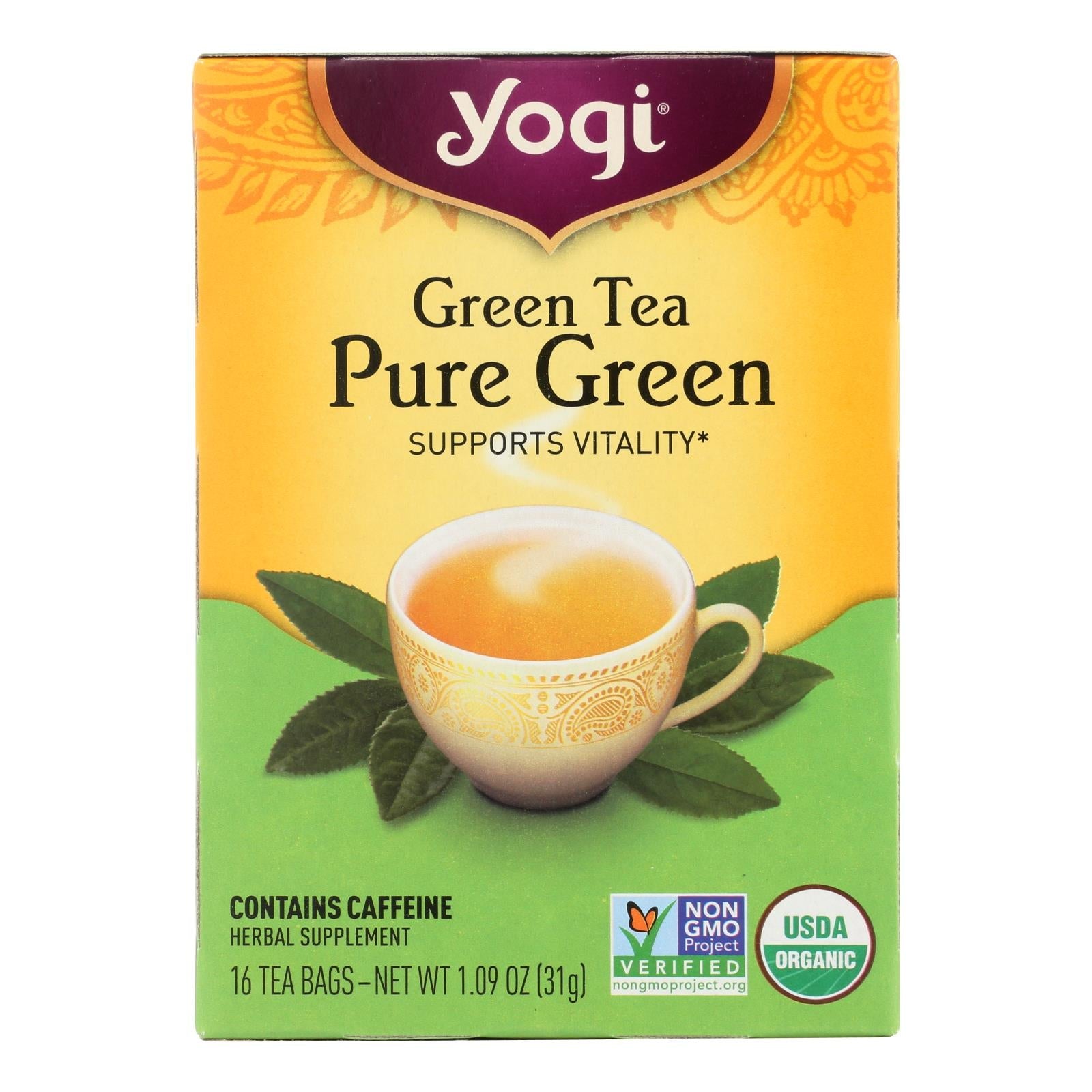 Té verde puro orgánico Yogi Tea, paquete de 6, 16 bolsitas de té cada una