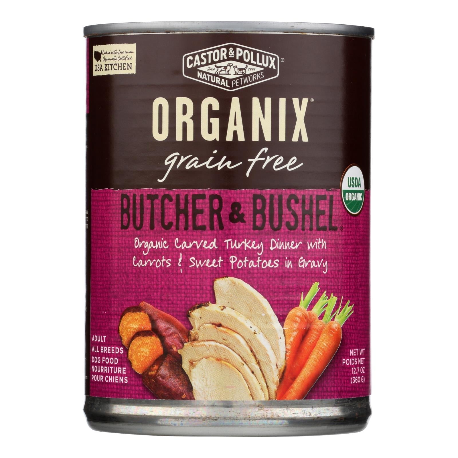 Alimento orgánico para perros Castor &amp; Pollux sin cereales, con pavo, zanahorias frescas y boniatos - 355 g (paquete de 12)