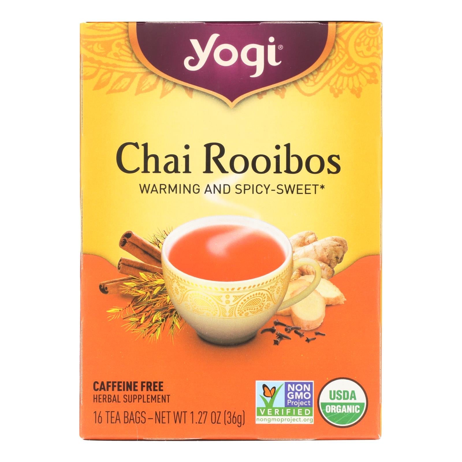 Té de hierbas orgánico Yogi Chai Rooibos sin cafeína, 6 paquetes de 16 bolsitas cada uno