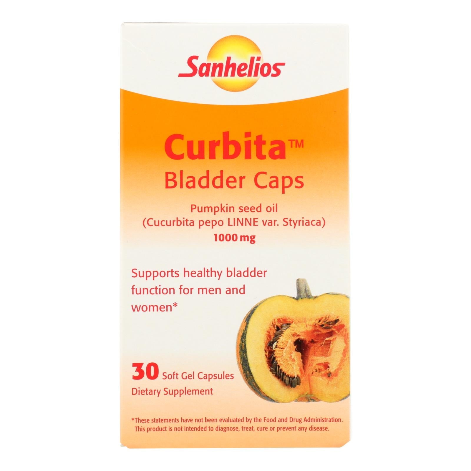 Cápsulas para vejiga Sanhelios Curbita: 30 cápsulas blandas de aceite de semilla de calabaza europeo con 1000 mg
