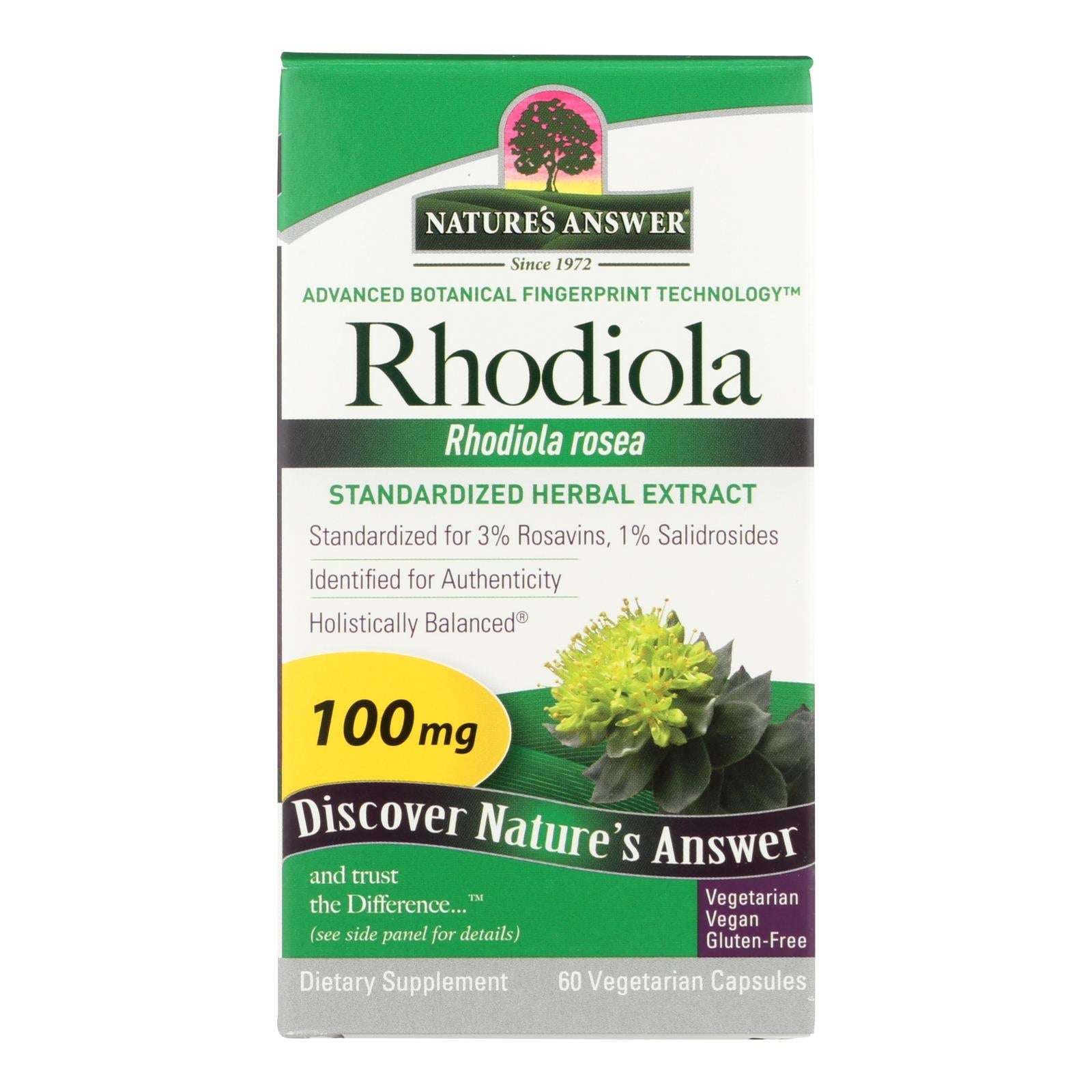 Extracto de raíz de rodiola de Nature's Answer: Mejora la vitalidad y reduce el estrés (60 cápsulas vegetarianas) 